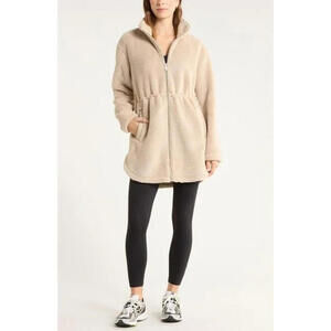NEW, Zella Faux Shearling Longline Jacket in Tan Size S #C4724